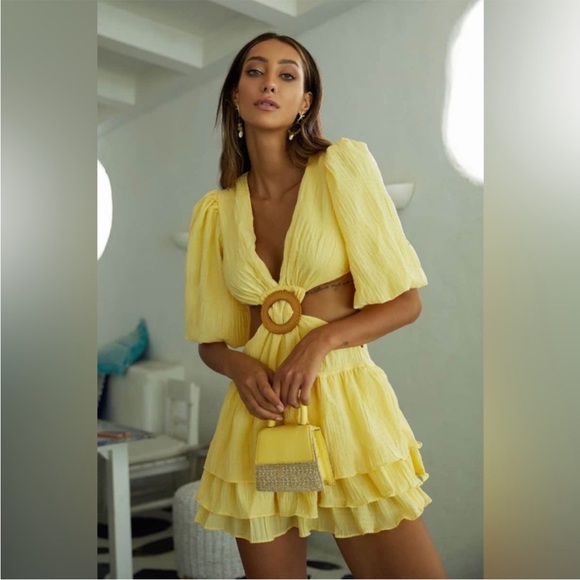 Womens Beulah Yellow Ruffled Tie Front Puff Sleeve Mini Dress - Picture 2 of 10